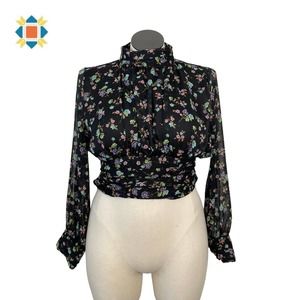 Zara Women's XL Black Floral High Neck Long Sleeve Cropped Blouse Smocked Waist